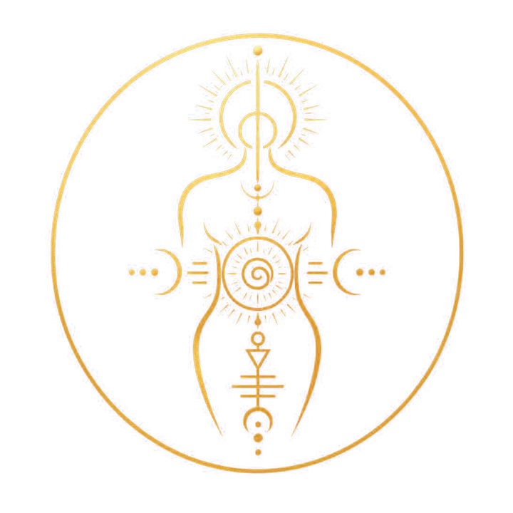 The Symbology Bodywork seal — a figure with a solar spiral at the center, framed in a circle.